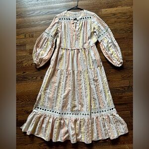 Madewell Lemlem Retta Lace Trimmed Metallic Striped Peasant Maxi Dress  M NWOT